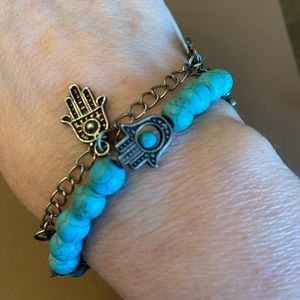 Howlite beads and hamsa hand and charms two-strand silver-toned bracelet